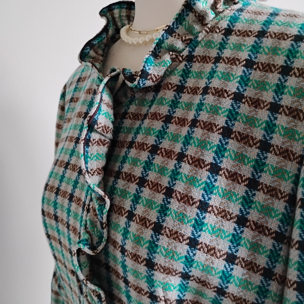 Talbots 100% Wool Ruffle Plaid Jacket Blazer Turquoise Blue Brown Classic Sz 12 - Picture 7 of 16